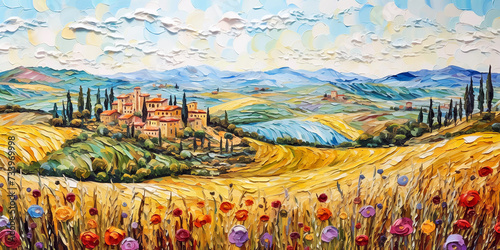 Fototapeta Panorama of a typical Tuscany landscape with poppy flowers