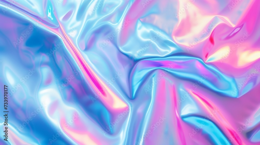 Blurred Holography abstract background in blue pink colors. Holographic color wrinkled pearlescent foil. Holographic iridescent rainbow fabric abstract background