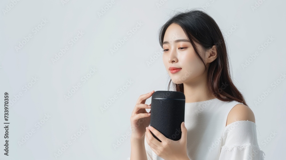 Beautiful young girl using voice controlled smart speaker and personal asistent, smart device concept, technologies, gadget. Concept of smart home and automation Beautiful young girl using voice controlled smart speaker and personal asistent, smart device concept, technologies, gadget. Concept of smart home and automation