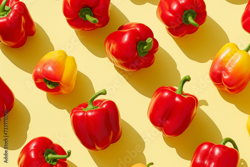 Seamless with red bell peppers on yellow background. Creative food concept. Flat lay.