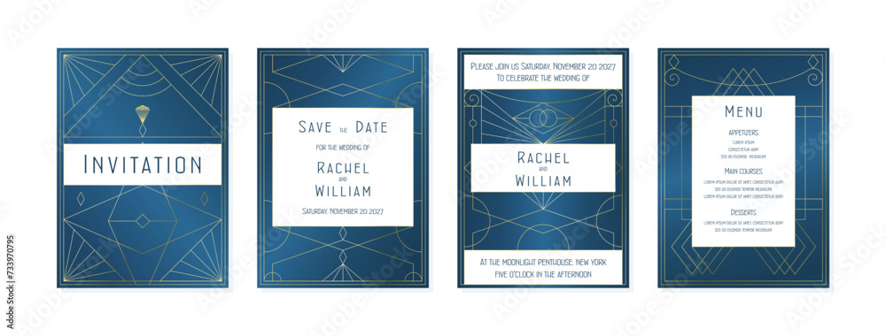 Blue art deco wedding invitation set Blue art deco wedding invitation set