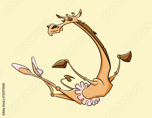 Vector illustration of a happy cute and funny giraffe ballerina character, jumping in a dancing movement, wearing ballet tutu and ballet point shoes on a yellow background