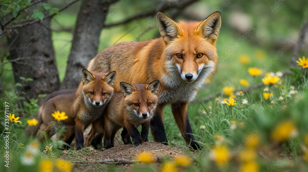 Naklejka premium une renarde et ses renardeaux dans la forêt au printemps
