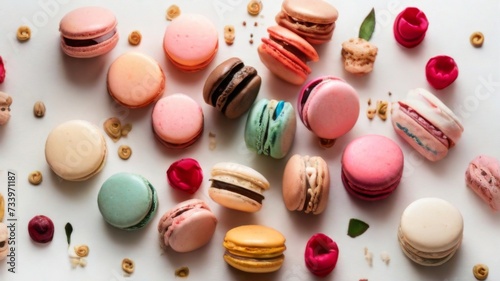 French macaron spread, featuring an assortment of flavors and colors meticulously arranged on a white surface