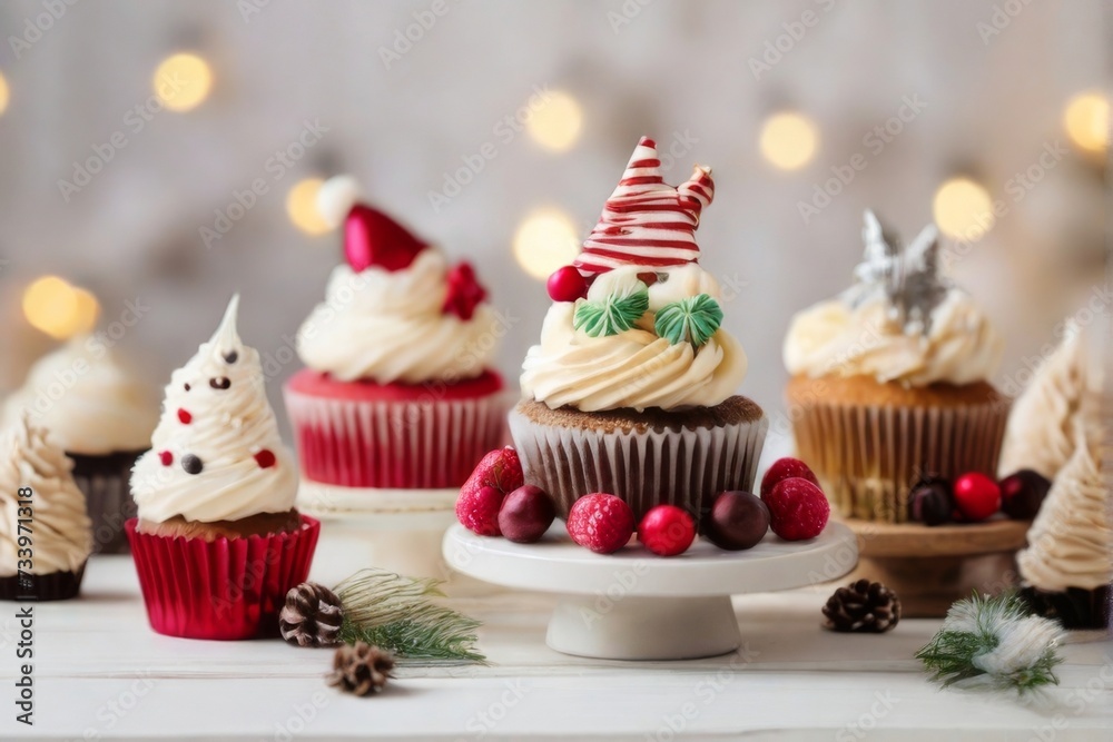 Cupcakes with festive holiday-themed decorations displayed on a white wooden table Cupcakes with festive holiday-themed decorations displayed on a white wooden table