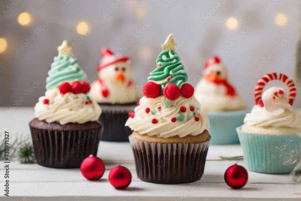 Cupcakes with festive holiday-themed decorations displayed on a white wooden table Cupcakes with festive holiday-themed decorations displayed on a white wooden table