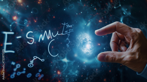 The teacher's hand points to the equation of relativity of Albert Einstein. E equals m multiplied by c squared. In the concept of a physics equation ring and a dark blue background. physics education