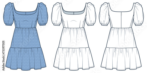  Square Neck Dress technical fashion illustration, blue pattern. Tiered Dress fashion flat technical drawing template, mini lengths, puff sleeve, front and back view, white, women CAD mockup set.