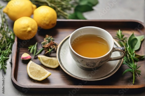 Serene flat lay arrangement showcasing a tray with homemade ginger tea and lemon
