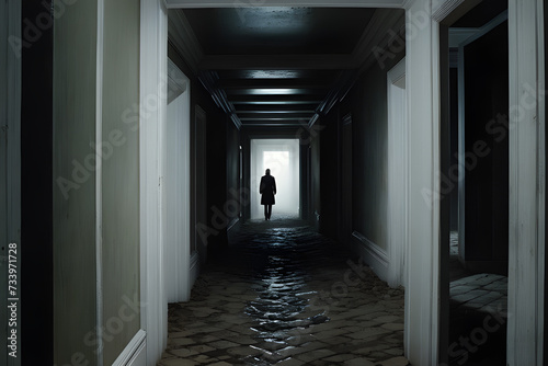 An image that instills fear, featuring a claustrophobic or disorienting setting with a haunting environment. photo