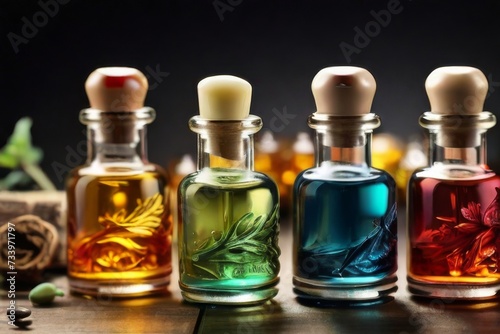 Collection of colorful bottles containing different types of natural cosmetic oils