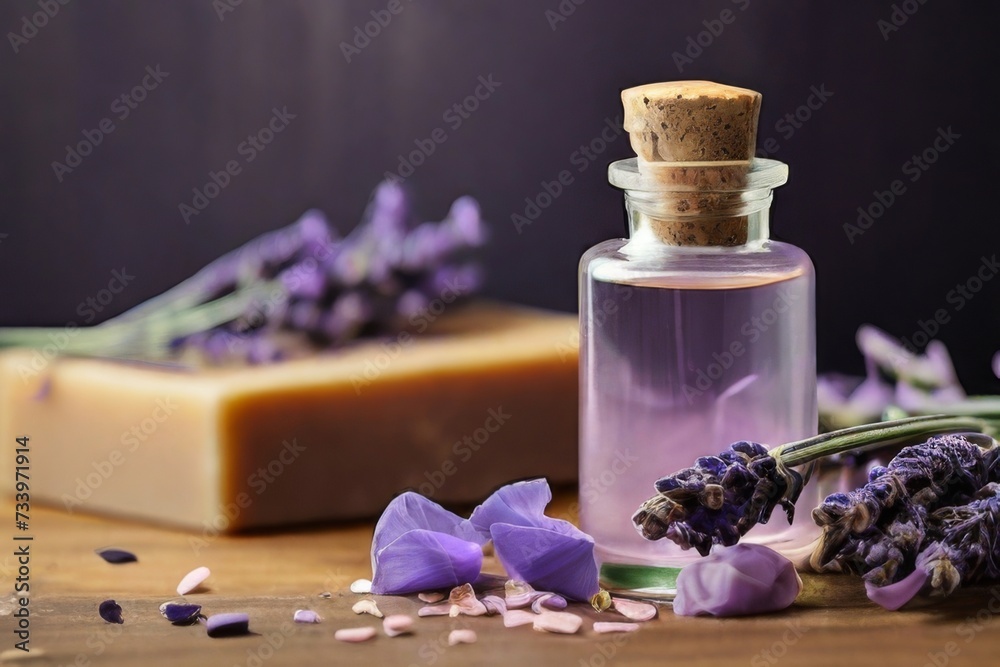 Natural cosmetic oils and handmade soaps set against