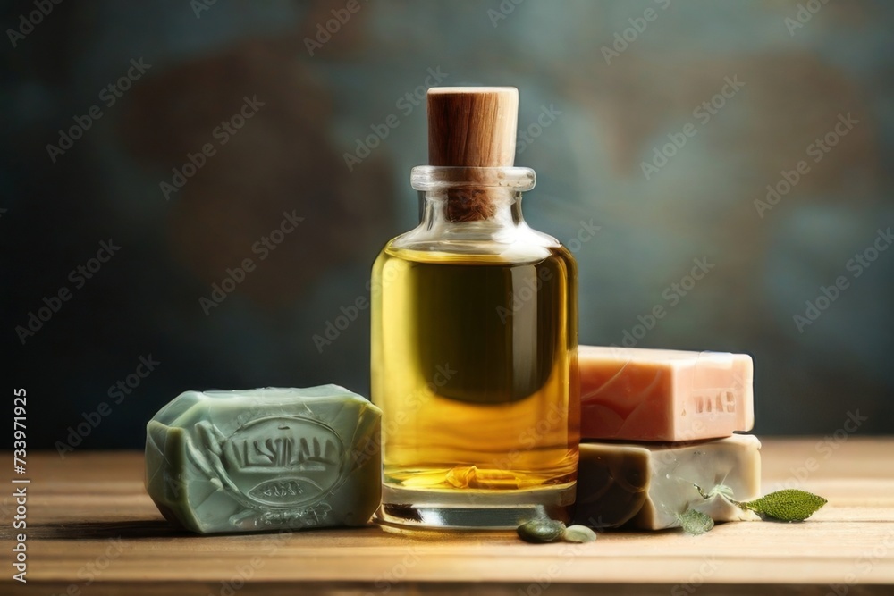 Natural cosmetic oils and handmade soaps set against Natural cosmetic oils and handmade soaps set against