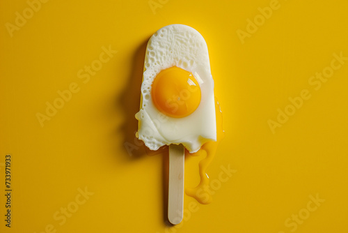 Popsicle made of sunny side up fried egg on vibrant yellow background. Creative food concept photo