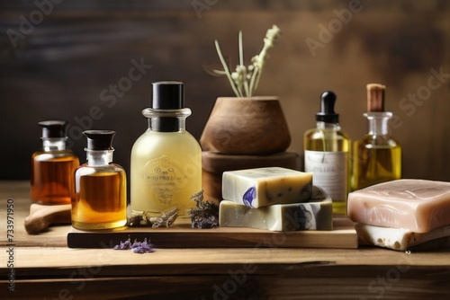 Natural cosmetic oils and handmade soaps set against