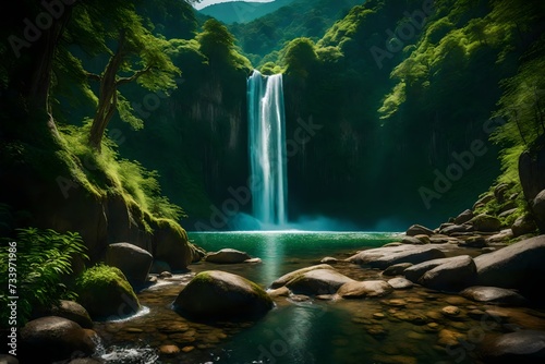 Sparkling streams converging into a majestic waterfall amidst a panorama of lush  green mountain slopes.