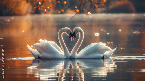 two beautiful swans on a lake shape heart with their long necks and kiss each other. romantic postal card. pc desktop wallpaper background