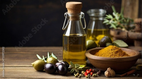 Bottle of olive oil and various spices on an old wooden table