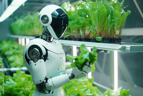 Robot holding a salad in a hall with vertical farming photo