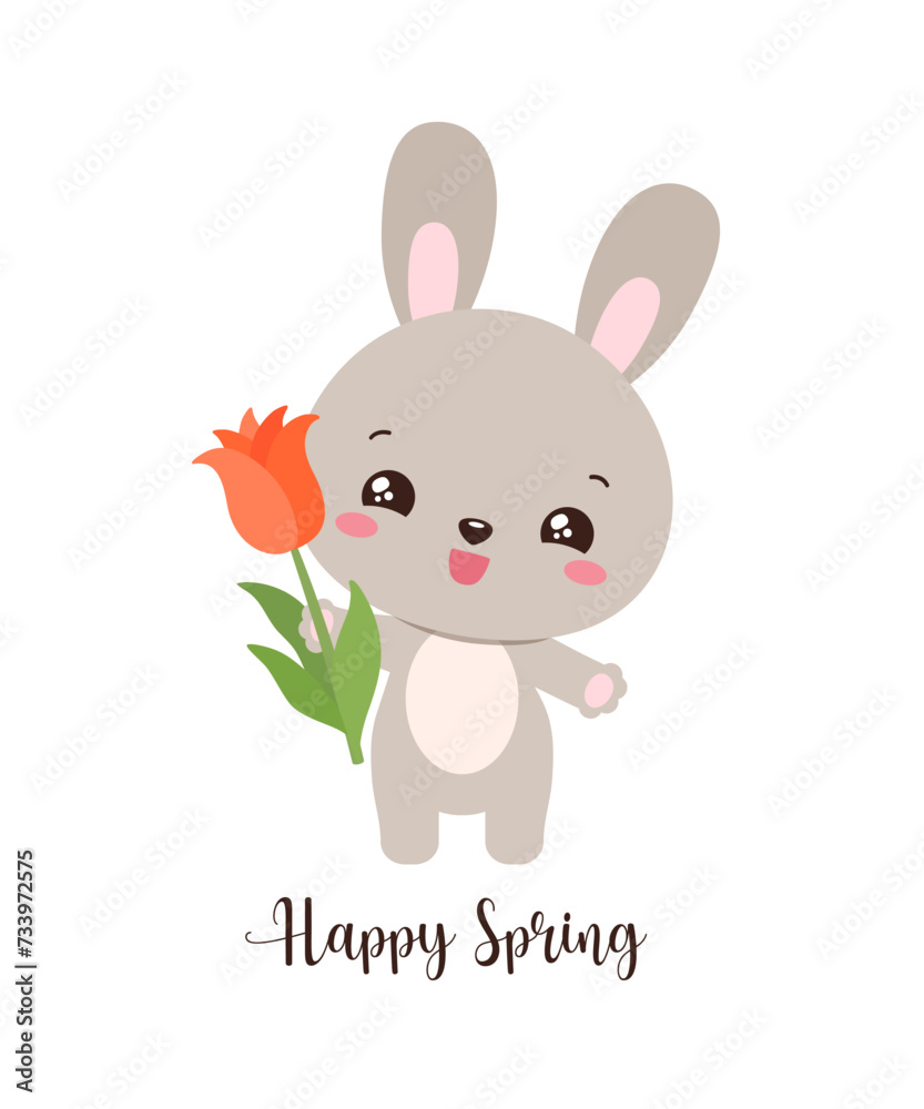 Adorable kawaii rabbit holding a tulip. Vector illustration for Easter greeting card, poster, invitation. Playful and tender touch to spring graphic, bringing joy to designs for children and adults.