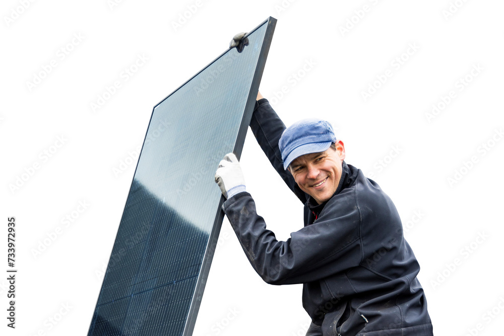 Smiling Technician Holding a Solar Panel Smiling Technician Holding a Solar Panel