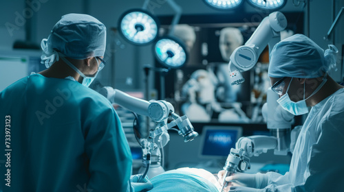 Two Surgeons Observing High-Precision Programmable Automated Robot Arms Operating Patient In High-Tech Hospital. Robotic Limbs Performing Complicated Nanosurgery, Doctors Looking At Vitals On Monitor