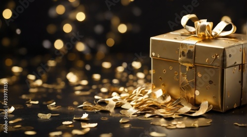 Gift box overflowing with golden confetti, creating a festive and joyful atmosphere