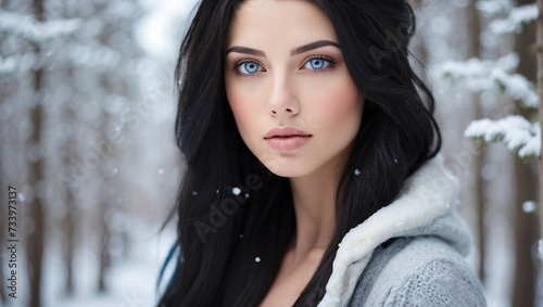 "Ethereal Beauty: Woman with Raven Hair, Porcelain Skin, and Azure Eyes Amidst a Snowy Forest"