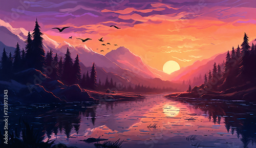 a painting of a sunset over a mountain lake with birds flying over it and a forest in the background  generative ai