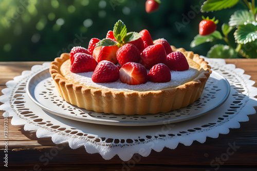 A strawberry tart on a plate. Generative AI