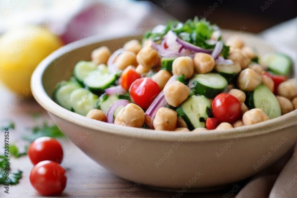 A nourishing chickpea salad with diced cucumbers A nourishing chickpea salad with diced cucumbers