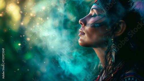 mystical world of a pretty Native American shaman woman as she embarks on a secret ayahuasca ritual, filled with wonder, spiritual revelations, and a psychedelic trip photo