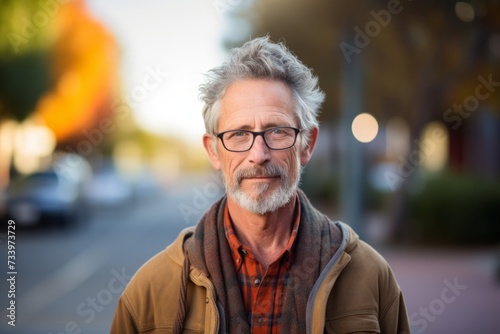 Portrait of a senior man with glasses in a city street.