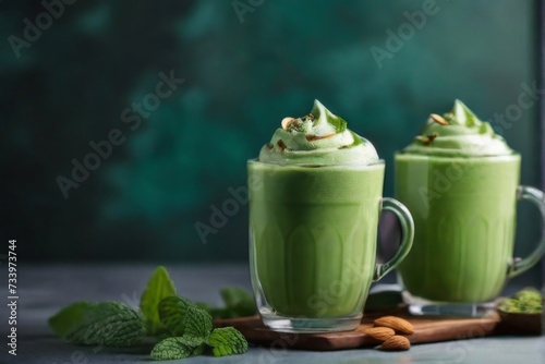 Detoxifying green latte served in glass mugs