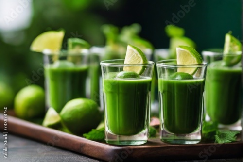 Shot of green detox shots served in mini glass bottles with lime