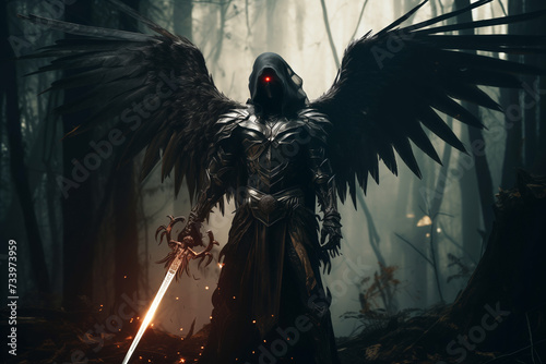 Angel of Death Holding a Sword in a Dark Forest