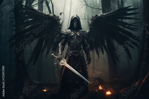 Angel of Death With Sword in Dark Forest