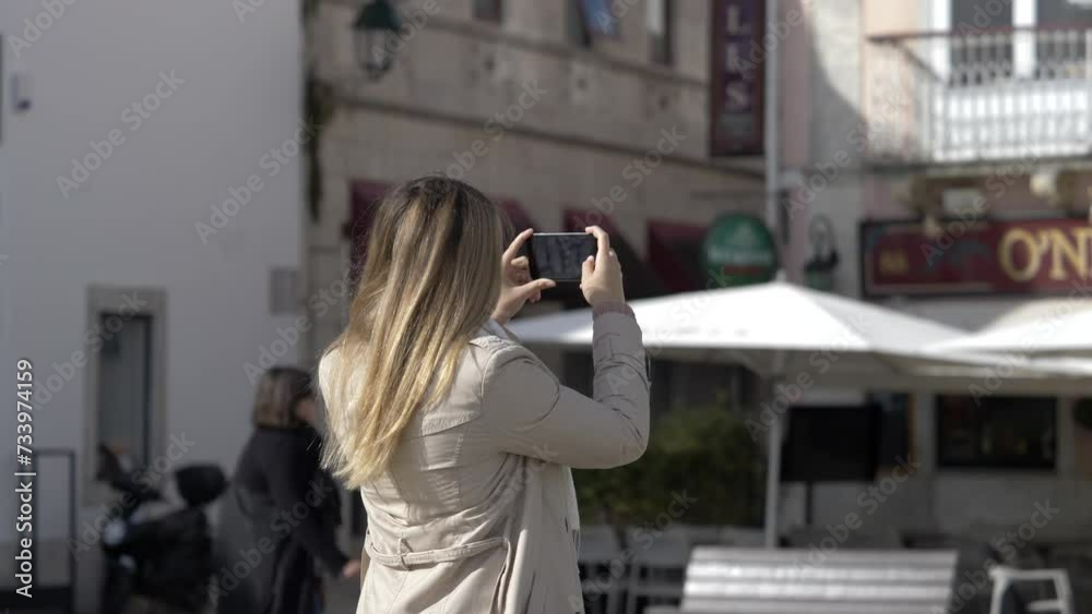 Young Lady Taking Pictures By Phone At Buildings, 4k Young Lady Taking Pictures By Phone At Buildings, 4k