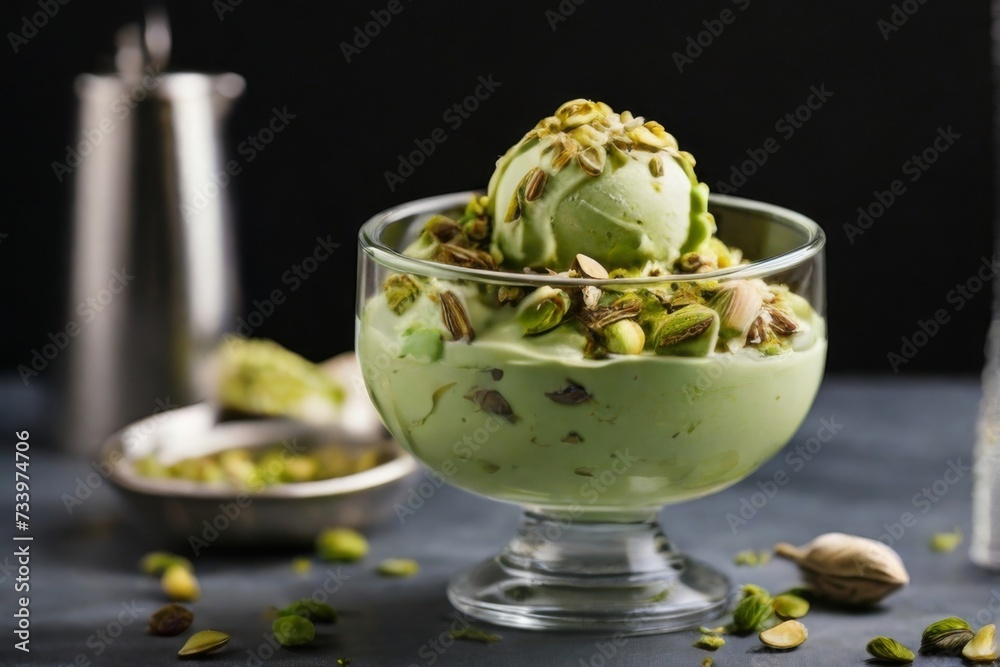 Sophisticated scoop of pistachio gelato in a glass coupe Sophisticated scoop of pistachio gelato in a glass coupe