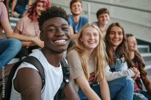 Happy multiethnic students laughing on high school stairs.