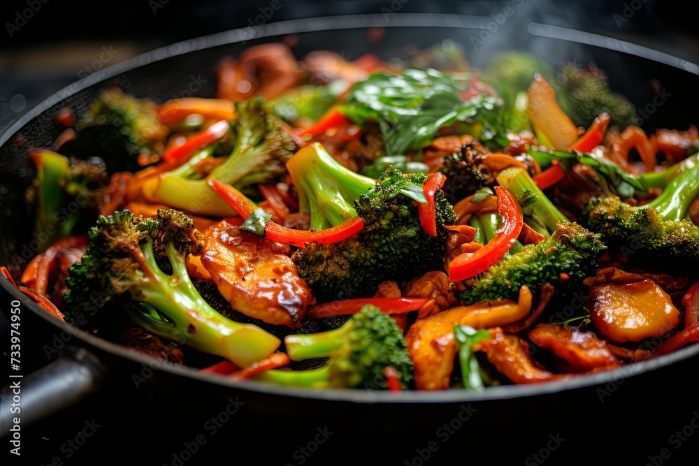 Close-up shot of broccoli stir-fry in a sizzling pan,