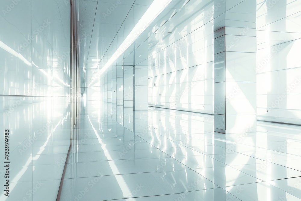 Shiny modern corridor and reflection on the wall with lights.