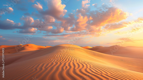 Sand dunes at sunset in the Wahiba Sands desert.
