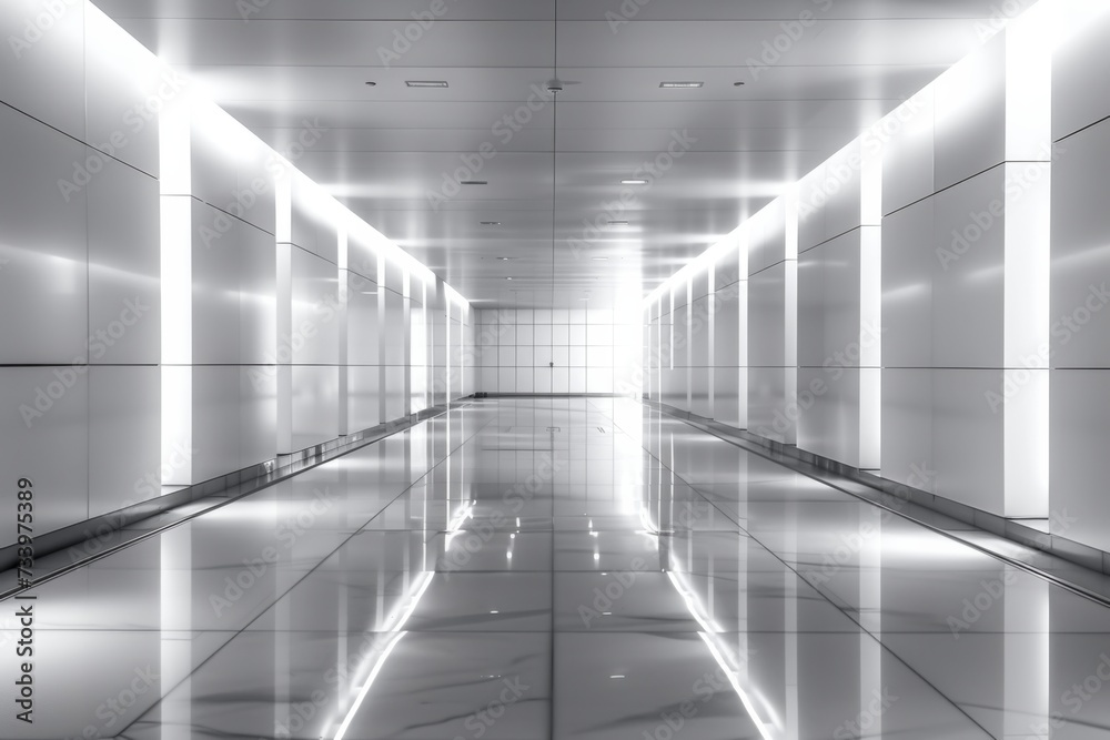 Obraz premium Shiny modern corridor and reflection on the wall with lights.