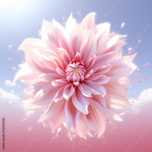 A radiant, digitally-rendered Dahlia flower in full bloom, exhibiting a gradient of soft pink to vibrant coral hues against a subtle purple backdrop.