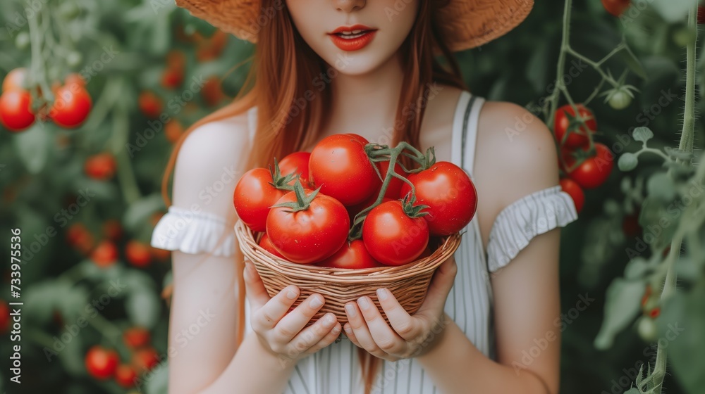 Attractive woman holds red fresh tomatoes Attractive woman holds red fresh tomatoes