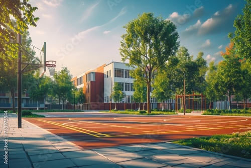 Schoolyard with basketball court and playground in sunny evening.