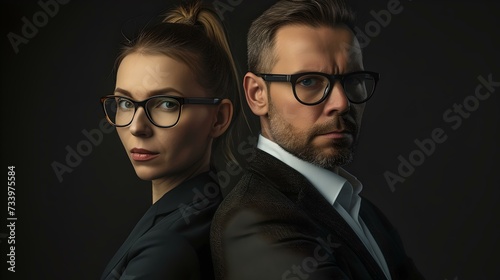 Professional man and woman in business attire posing back to back. studio portrait with a sleek, modern vibe. ideal for corporate branding. AI photo