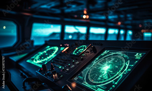 Advanced maritime navigation radar screen glowing in a dimly lit ship's bridge, highlighting the sophisticated technology used for marine travel photo