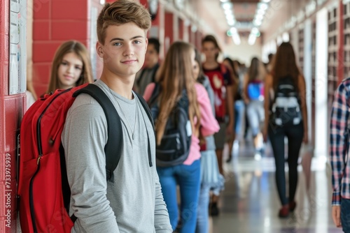 Teenagers in high school hallway.